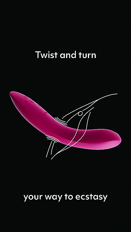 GIF showcases the We-Vibe Rave 2 slid inside an illustrated vagina. The Rave 2 is being twisted back and forth instead of thrusted in and out, showcasing the unique asymmetrical design that's crafted for this. Text on the GIF reads: "Twist and turn your way to ecstasy" | Kinkly Shop