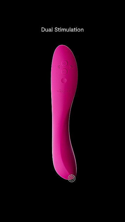 GIF shows the We-Vibe Rave 2 in front of a plain black background. Two circular pointers are showcasing where the two motors are (mid-shaft and at the tip). Text on the GIF reads "Dual stimulation. Motor One. Motor Two." | Kinkly Shop