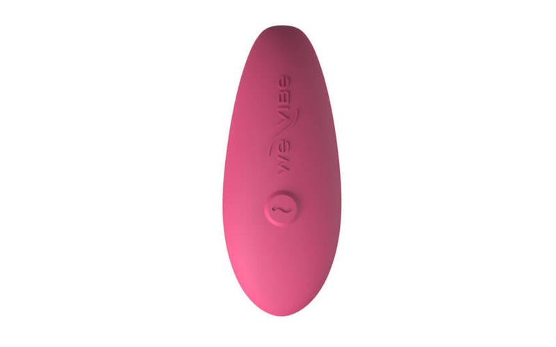 A top-down view of the thicker end of the We-Vibe Sync Lite. The logo is etched into the silicone material, and there is a single button next to the logo. | Kinkly Shop