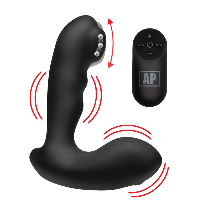 The XR Brands Alpha Pro 7x Milker Prostate Stimulator next to its remote control. Arrows around the milking bead showcase how it moves up and down. Lines around the two vibration motors on the shaft showcase where the vibrations are focused. | Kinkly Shop