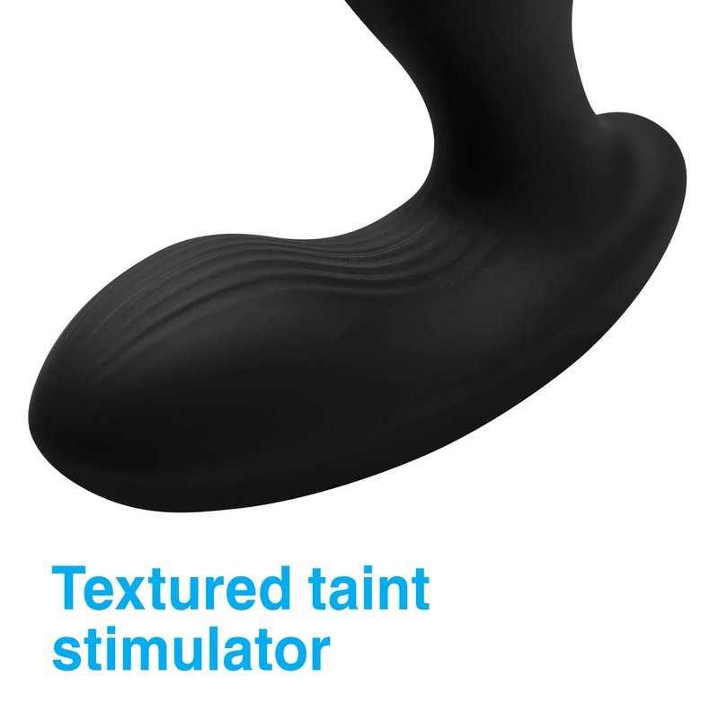 Close-up of the base of the XR Brands Alpha Pro 7x Milker Prostate Stimulator. It showcases the rippled surface of the base of the massager that presses up against the outside of the body when it's inserted. Text on the image reads: "Textured taint stimulator." | Kinkly Shop
