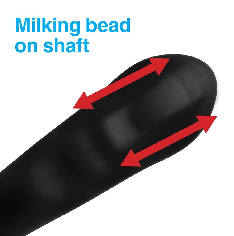 Close-up of the tip of the XR Brands Alpha Pro 7x Milker Prostate Stimulator, showcasing the protruding design of the milking bead. Text on the image reads "Milking bead on shaft" with arrows showing the movement of the bead. | Kinkly Shop