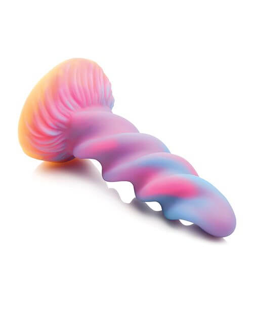 A 3/4ths angle on the XR Brands Moon Rider showcases the large spirals that go from the tip to the base of this dildo. These are very large swirls all along the shaft. | Kinkly Shop