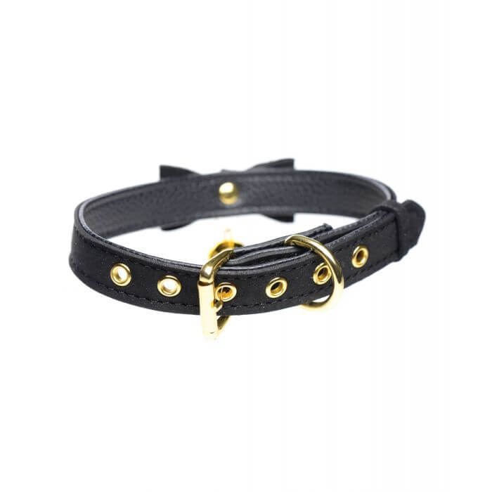 Backside of the Master Series Kitty Cat Bell Collar shows the adjustable design and gold hardware on this black bdsm collar | Kinkly Shop