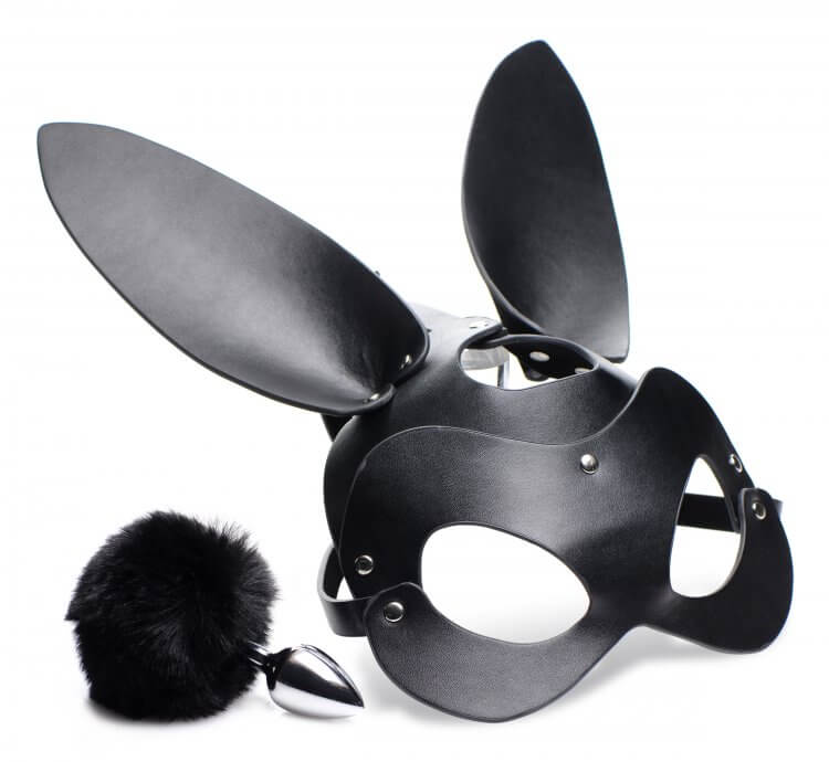 The Tailz Bunny Pet Play Kit up against a white background. It includes a bunny face mask with a small bunny butt plug tail. | Kinkly Shop