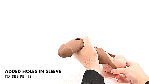 GIF showcases a person's two hands getting the Evolved Big Shaft Extender onto a dildo that's suction-cupped onto a table. They are sliding the squishy, stretchy material of the Evolved Big Shaft Extender onto the dildo. The text on the GIF reads "Made from Silicone and ABS Plastic. Added Holes in Sleeve to See Penis." | Kinkly Shop