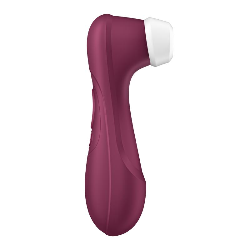 Side view of the Satisfyer Pro 2 - Generation 3. This angle showcases the full plastic body that has a removable, interchangeable silicone tip. The plastic body has a lot of divets and texture changes for easier handling. | Kinkly Shop