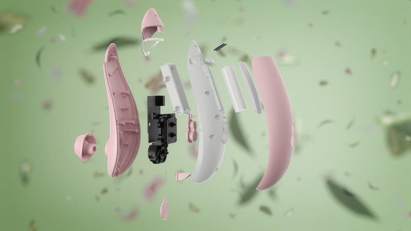 Illustrated image that shows the Womanizer Premium Eco Friendly Vibrator in all of its parts | Kinkly Shop