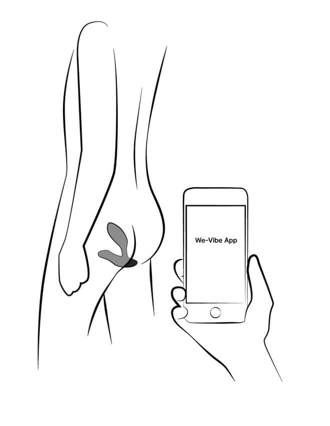 Illustration shows the We-Vibe Vector+ inside of someone's butt while a second person holds a cell phone to control the vibrations of the We-Vibe Vector+ | Kinkly Shop