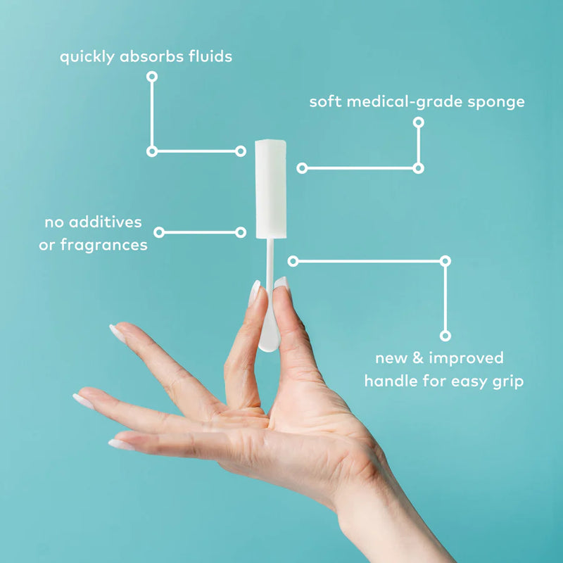 A person's fingers hold up a Awkward Essentials Dripsticks in front of a blue background. Arrows point out different features on the product. The text reads: "Quickly absorbs fluids. Soft medical-grade sponge. No additives or fragrances. New & improved handle for easy grip." | Kinkly Shop