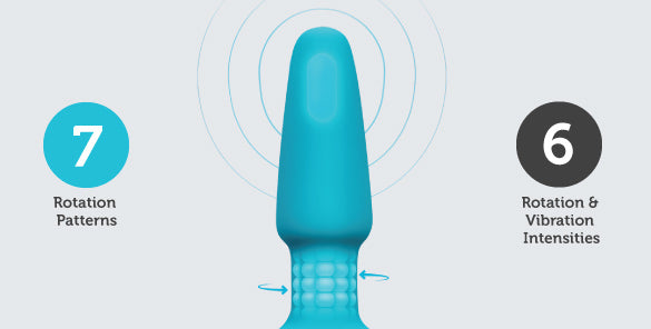 Illustrated image showcases the sensations of the b-Vibe Rimming Plug 2 with a semi-transparent see-through design in the plug. It shows rotating beads in the rotation area of the plug with the text "7 Rotation Patterns". It has circles outstretching the tip of the plug with the text "6 Rotation and Vibration Intensities" | Kinkly Shop