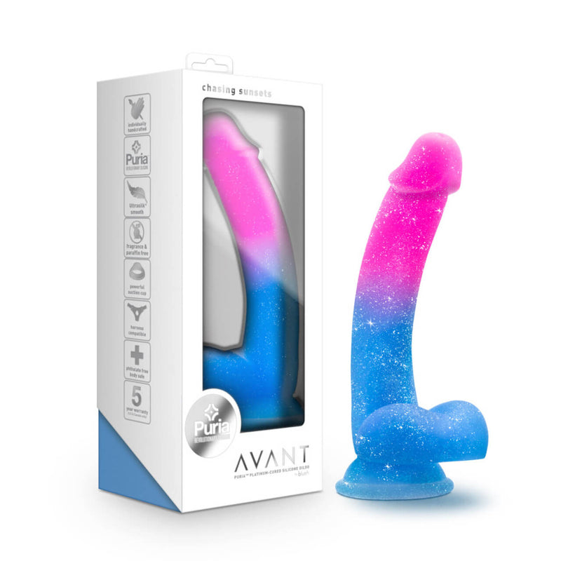 Blush Avant Chasing Sunsets dildo in front of a white background next to the packaging it comes in | Kinkly Shop