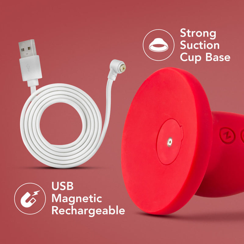 A close-up of the magnetic charging port on the base of the Blush Impressions Las Vegas as well as the charging cable sitting next to it. The text on the image reads "Strong Suction Cup Base" and "USB Magnetic Rechargeable" | Kinkly Shop