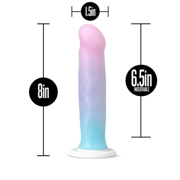 An image of the Blush Avant D17 Lucky with measurements superimposed over the original image. The total length of the dildo is 8". The insertable length of the dildo is 6.5". At the widest point, the Blush Avant D17 Lucky is 1.5" in diameter | Kinkly Shop