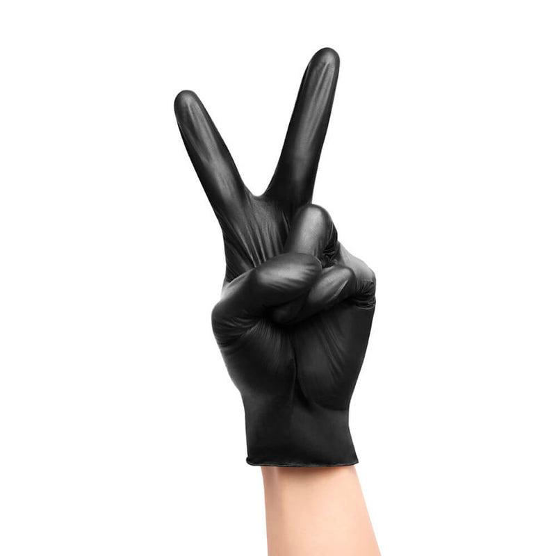 A person is wearing one of the included, black, disposable gloves. They are giving a peace sign. The gloves are opaque. | Kinkly Shop
