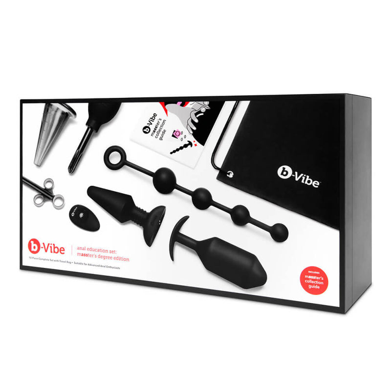 The packaging of the b-Vibe mASSter's Degree Anal Set. It is a rectangular cardboard box that's primarily black, white, and red in color. | Kinkly Shop