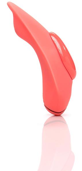 Side profile of the Clandestine Companion public vibrator that shows the curves of the vibrator designed for full vulva contact during use | Kinkly Shop