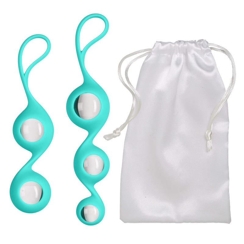 The two silicone sleeves shown filled with kegel balls and displayed next to the drawstring storage pouch that comes with the Cloud 9 Borosilicate Kegel Training Set | Kinkly Shop