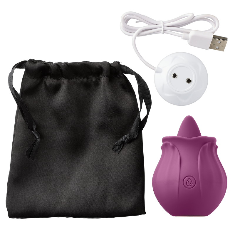 Lay flat image shows the Cloud 9 Flutter Tongue vibrator, vibrator storage bag, and vibrator charging cable | Kinkly Shop