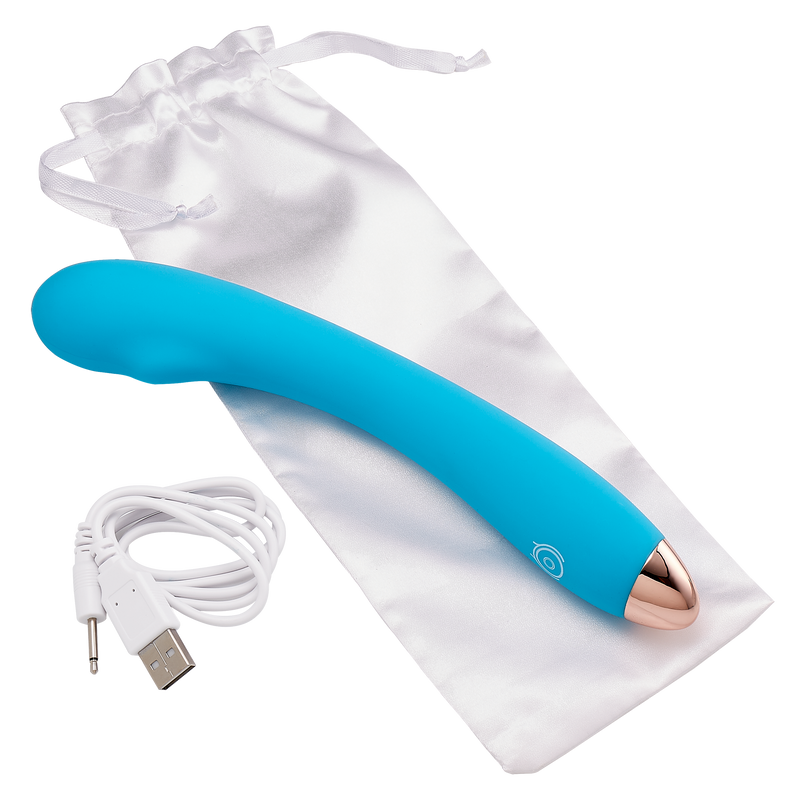 Cloud 9 G-Spot Slim Single motor vibrator sitting on top of its drawstring bag next to its charging cable | Kinkly Shop