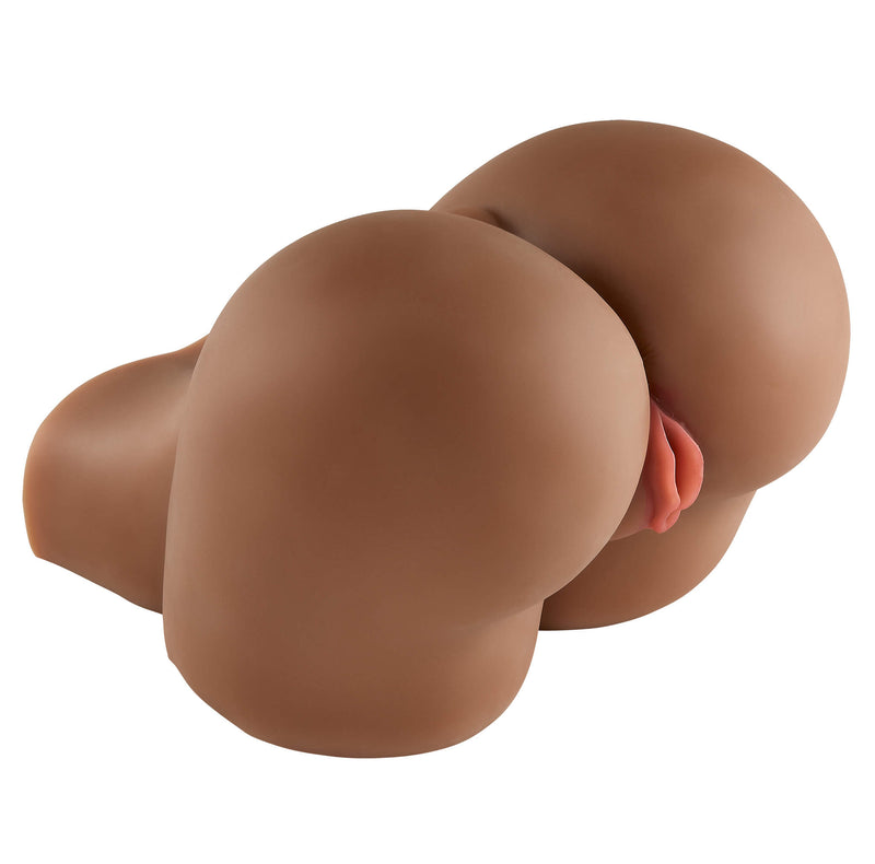 Another view of the Cloud 9 Life-Size Portable Sex Doll in Brown. This 3/4th angle shows how extremely curvy the butt is (the cheeks are extremely round) as well as the protruding, realistic-like vulva lips of the genitals. | Kinkly Shop