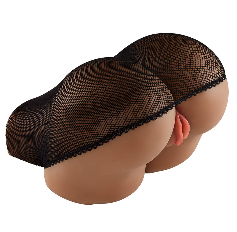 The exact same 3/4th angle as the previous shot - only now the Cloud 9 Life-Size Portable Sex Doll in Brown is wearing its lingerie fishnet stocking. This changes up the visual drastically, and it looks more teasing to only see some of the flesh peeking out than the previous image did. | Kinkly Shop