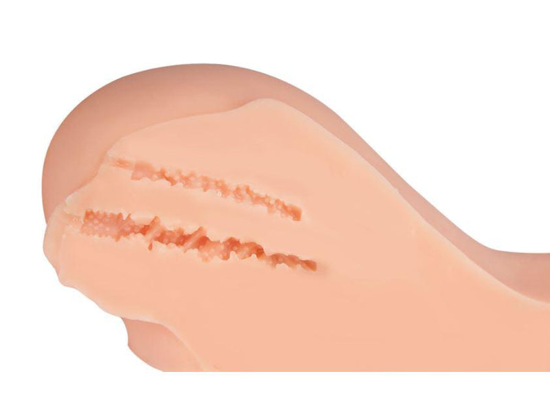 Cross-section of the Cloud 9 Life-Size Portable Sex Doll shows the two separate, closed-ended channels found inside of the doll. The image shows that the vaginal canal is filled with a variety of different textures while the anal canal is much tighter in size. | Kinkly Shop