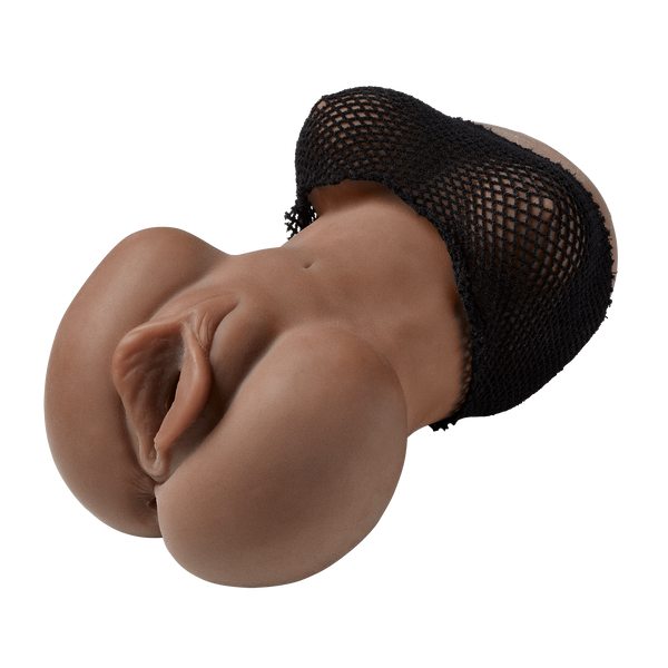Close-up of the Cloud 9 Handheld Torso Stroker in Black while wearing its fishnet tube top decoration | Kinkly Shop