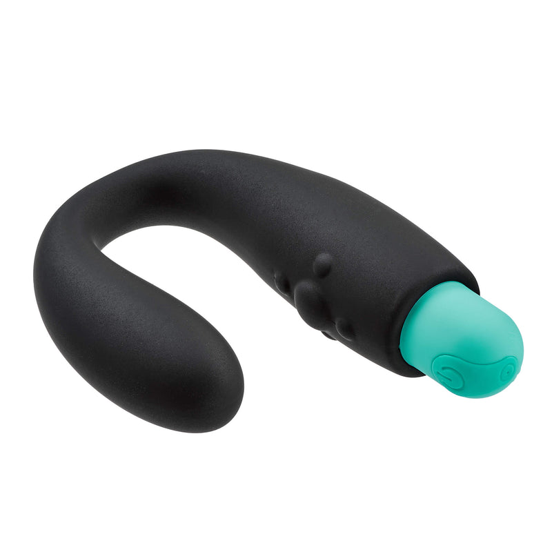 Tilted view of the Cloud 9 Rocker Prostate Stimulator shows how the vibrator fits into the silicone sleeve. The vibrator still clearly sticks out from the end of the silicone sleeve for easy control. | Kinkly Shop