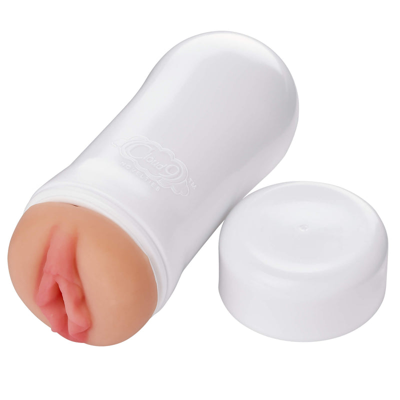Shows the plastic casing of the Cloud 9 Water-Activated Stroker. The case is white and opaque with a rounded base. It includes a lid to protect the sleeve inside of the case. | Kinkly Shop