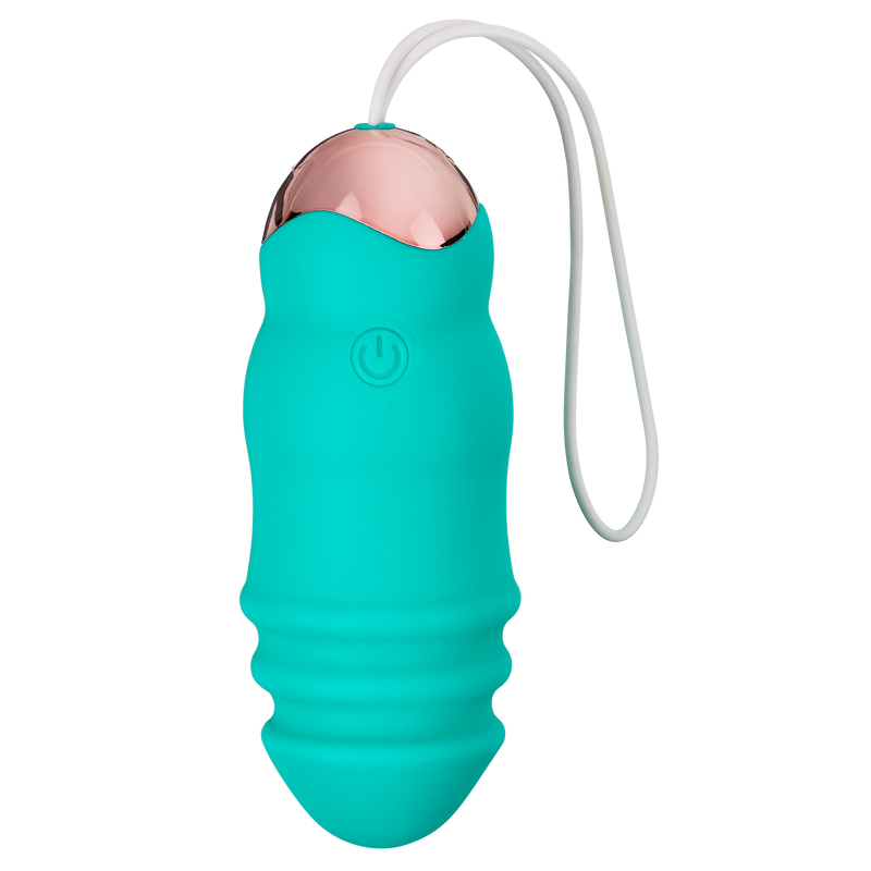 Top down view of the Cloud 9 Wireless Remote Control Eggs Stroking vibrator which shows the ridged tip, the power button at the base, the contrasting metal base, and the retrieval cord | Kinkly Shop