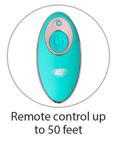 Image shows the remote for the Cloud 9 Wireless Remote Control Eggs which is an oval shape and features easy-to-press power buttons. Caption underneath images says "Remote Control up to 50 Feet" | Kinkly Shop