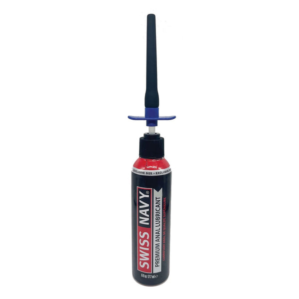 Demon Kat Spout Lube Shooter connected to a bottle of Swiss Navy lube. The spout protrudes really far from the bottle itself with an enema-bulb-like tip that would make it easy to get the lubricant deeper into the body. | Kinkly Shop