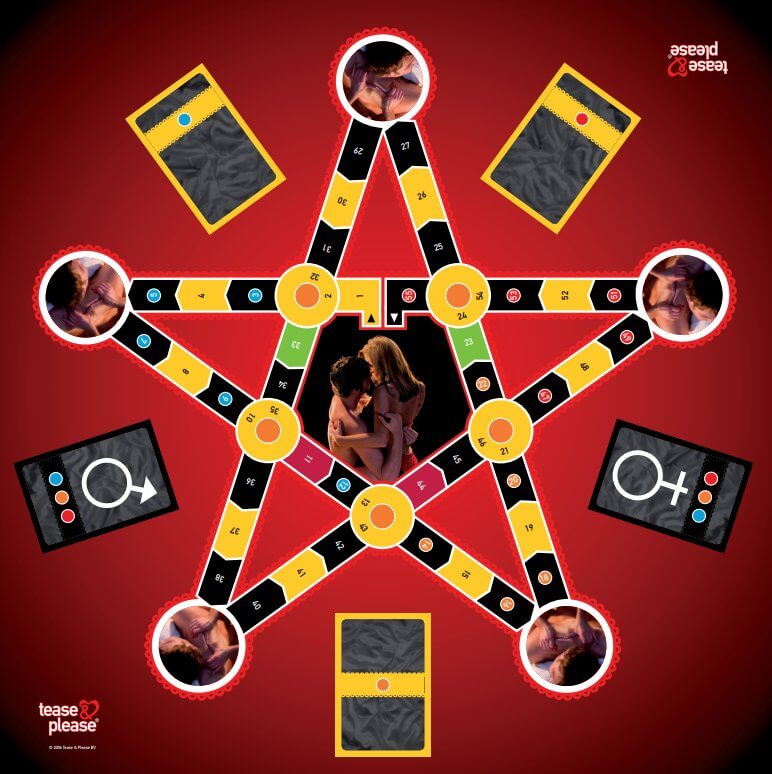 The image is the full picture of the included game board for the Discover Your Lover Couple's Game. The game track is in the shape of a star, and the board offers spaces where the various card stacks can be placed. There is a picture of a couple embracing in the center of the game and pictures of a couple enjoying a massage at each of the points of the star. | Kinkly Shop