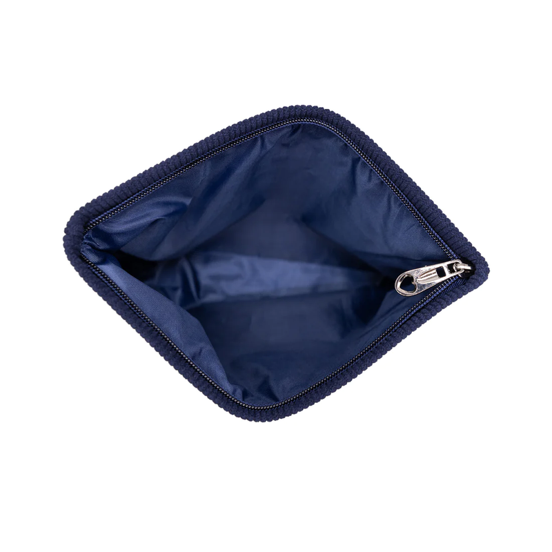 Top-down view of the Emojibator Pleasure Pouch with the pouch unzipped and pointed upwards to the camera. The inside of the bag is the same navy blue as the outside of the bag. The bag has a single zipper pull along the zipper. | Kinkly Shop