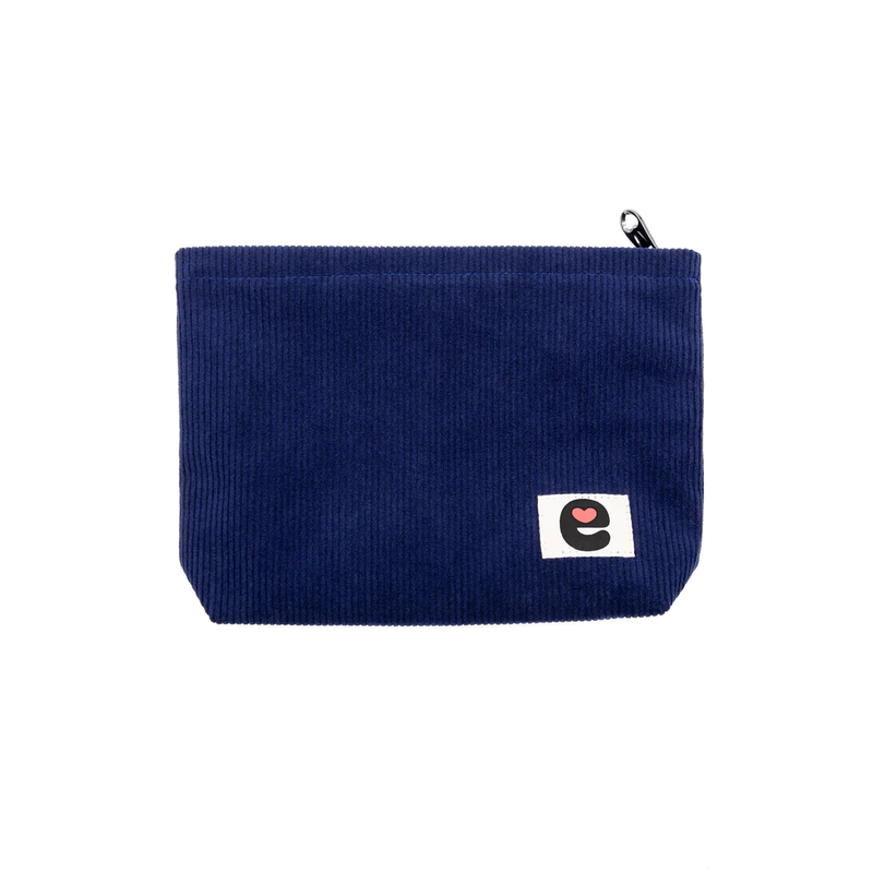 The Emojibator Pleasure Pouch in front of a plain white background. It has a cordoroy navy blue appearance with the "E" of the Emojibator logo sewn on a patch in the lower corner of the pouch. | Kinkly Shop