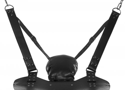 Close-up of the padded head rest on the XR Brands Extreme Sling shows the thickness of the head rest in addition to the two adjustable straps connected to it that allow you to raise or lower the head rest for perfect positioning. | Kinkly Shop