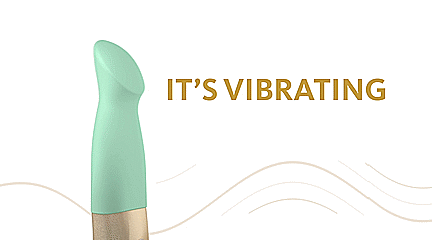A GIF of the Fun Factory Sundaze. The vibrator is shown in front of a white background with a wavelength design. The vibrator is shown moving to the various thrusting options it offers with text that states "It's vibrating. It's tapping. It's pulsing". | Kinkly Shop