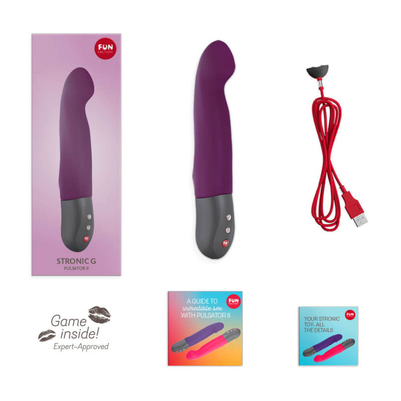 Everything that's included in the Fun Factory Stronic G. It shows the vibrator itself, the charging cable, a guide to pulsating toys, an instruction manual, and the box itself. | Kinkly Shop