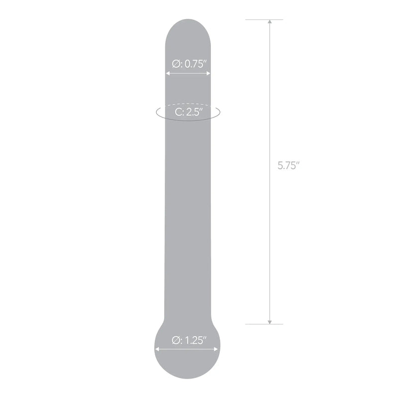 An outline of the measurements of the Glas 7" Straight Glass dildo. It states that the circumference is 2.5", the diameter of the tip is 0.75", and the diameter of the sphere base is 1.25". The insertable length with the entire length aside from the sphere is 5.75". | Kinkly Shop