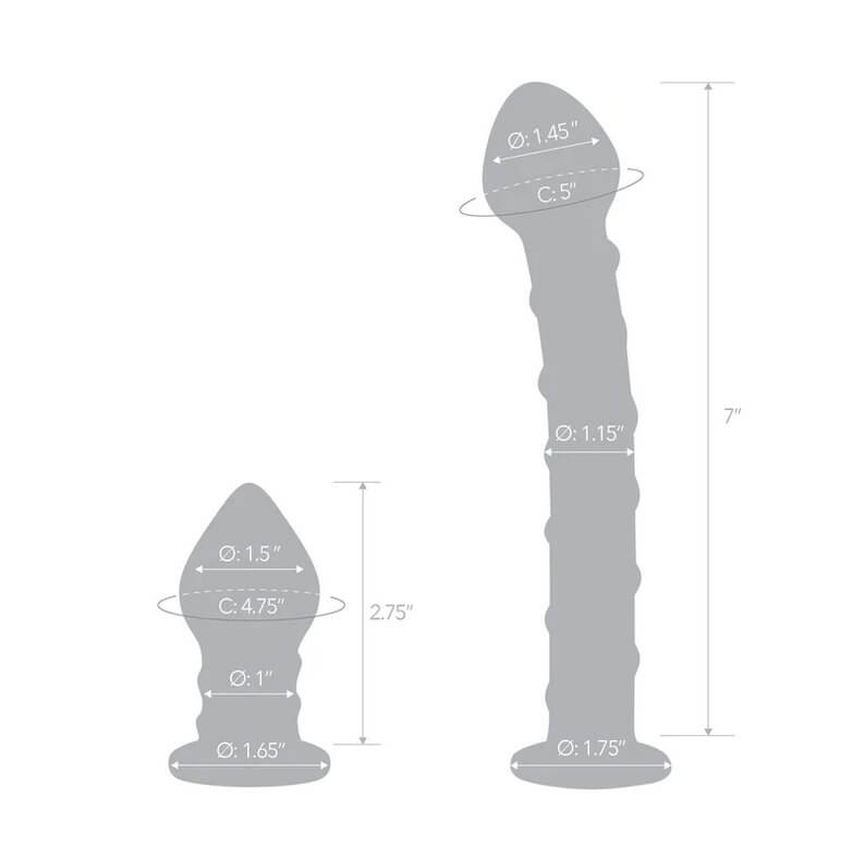 The illustrated outlines of both of the toys included in the 2-piece Glas Double Penetration Kit. Superimposed over the illustrations are the measurements of various aspects of both toys. The information is included within the product description. | Kinkly Shop