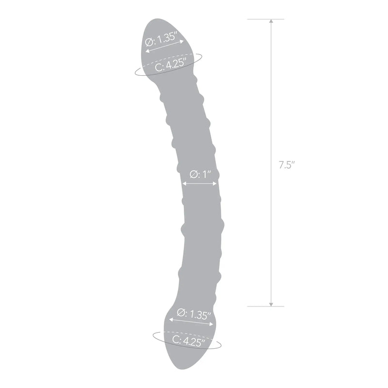 An outline of the Double Trouble Glass Dildo with measurements superimposed over the outline. The dildo has an insertable length of 7.5" to be able to grip one end for leverage during use. Each one of the tips has a diameter of 1.35" and a circumference of 4.25". The diameter of the center of the shaft is 1". | Kinkly Shop