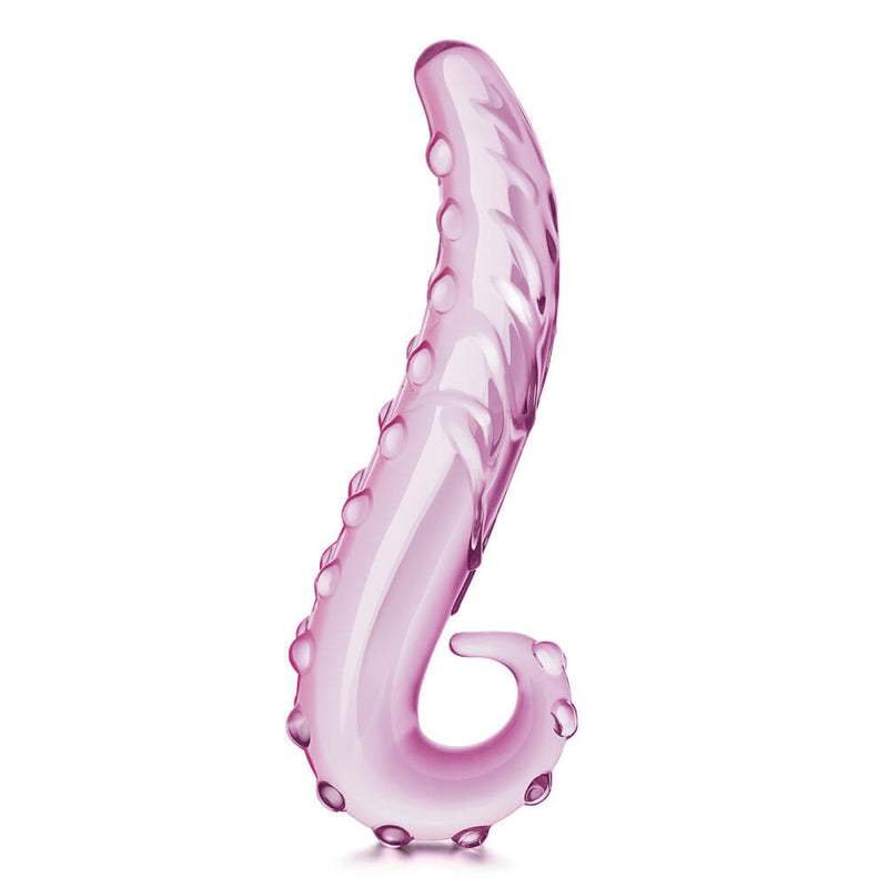 A side view of the Glas Lick-It Glass Dildo. This angle shows the texturing along both sides of the toy. The topside of the dildo is covered is nodules that protrude from the toy. The sides are covered in faux veining. | Kinkly Shop