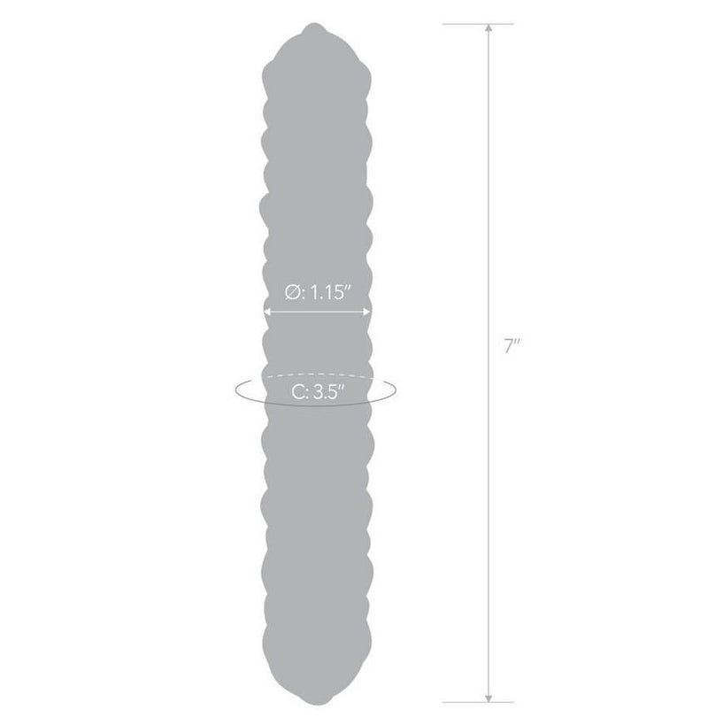 An outline of the shape of the dildo with the measurements of the dildo superimposed over the various parts of the dildo. All of the measurements can be found in the text of the product page. | Kinkly Shop