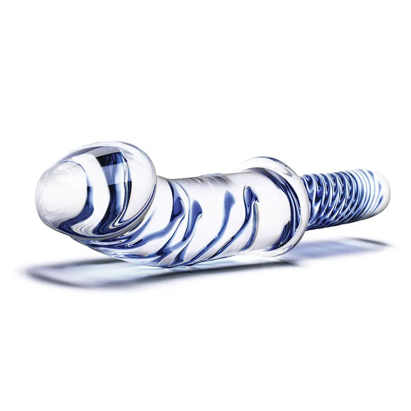 Close-up on the tip of the Glas Realistic Dildo with Handle Glass Dildo. The dildo features a pronounced, lifelike head at the tip and a very-clear curvature of the shaft. | Kinkly Shop