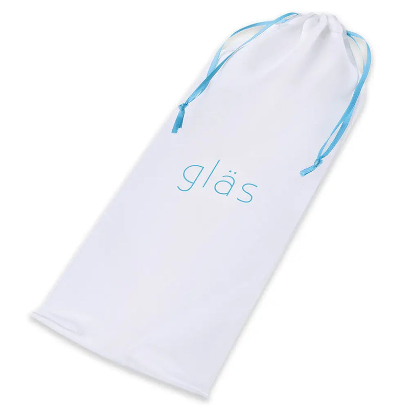 The storage bag that comes with the Glas Realistic Dildo with Handle Glass Dildo. It has the "Glas" brand printed on the front of the bag as well as matching, aquamarine drawstring ties. | Kinkly Shop
