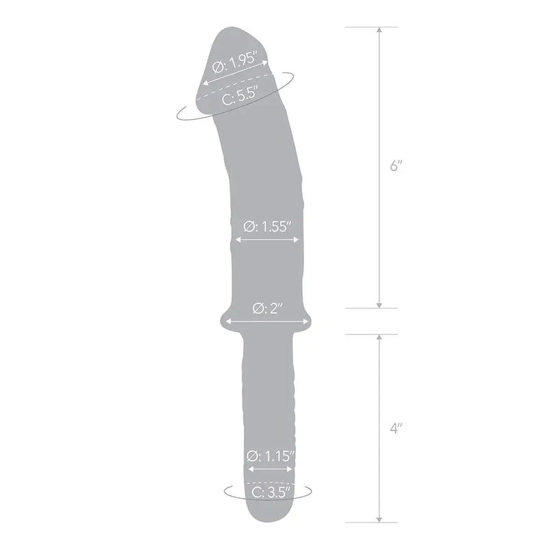 An outline of the Glas Realistic Dildo with Handle Glass Dildo with measurements superimposed over the outline. All measurements are contained within the description for the toy. | Kinkly Shop