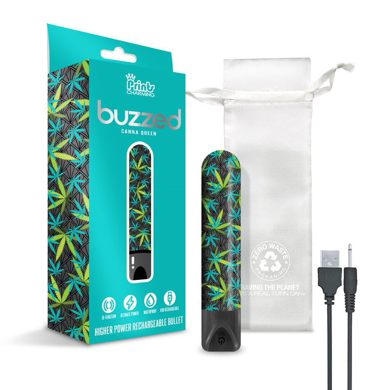 Image shows everything that comes with the Buzzed Rechargeable Bullet weed vibrator including the vibrator itself, the packaging, the USB vibrator charging cable, and the vibrator storage bag | Kinkly Shop