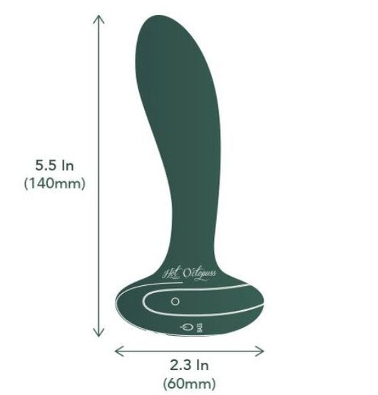 Illustrated image shows the measurements of the Hot Octopuss PleX with Flex placed next to an image of the anal vibrator. The Hot Octopuss PleX with Flex is 5.5" in total length with a base length of 2.3" along the longest side of the oval-shaped base. | Kinkly Shop