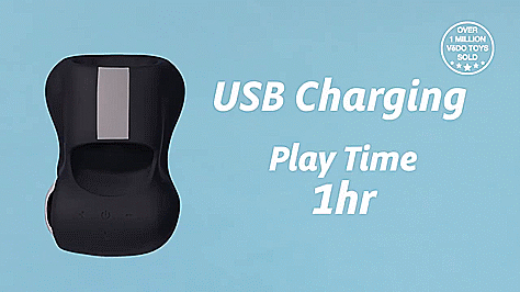 GIF of the VeDO Hotrod. The VeDO Hotrod is sitting against a plain blue background. The charging cable is inserted into the vibrator - and then removed again. The text on the GIF reads "USB Charging. Play Time: 1 Hour" | Kinkly Shop